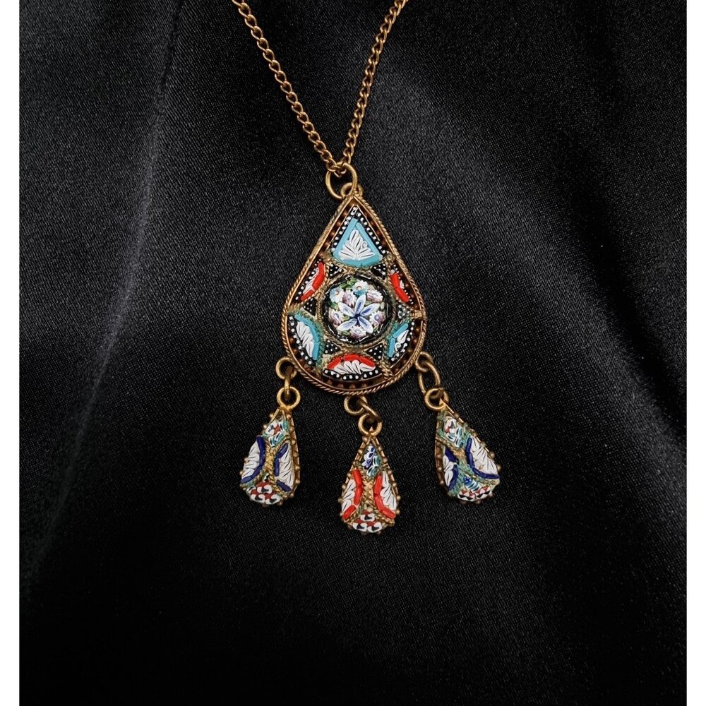 Vintage Italian Gold-Tone Mosaic Pendant Necklace With Dangle Charms & Chain